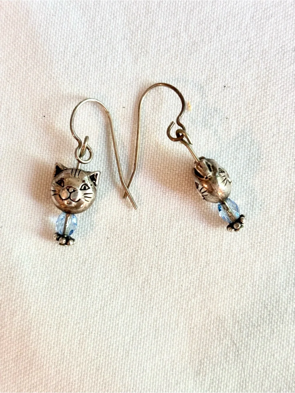 Sterling Silver Cat Face Earrings with Blue Bead - Pets Cat Jewelry